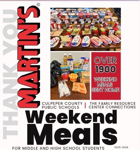 A promotional graphic for Culpeper County Public Schools highlights the MARTIN’S “Give Back” program supporting weekend meals for students. The design features the word “MARTIN’S” vertically in bold red along the left side. At the top are photos of assorted food items—canned goods, packaged meals, snacks, and drinks—arranged on tables. A red box on the right states “Over 1900 weekend meals sent home.”  Below the images, text reads “Culpeper County Public Schools | The Family Resource Center Connections,” followed by a large bold headline: “Weekend Meals.” 