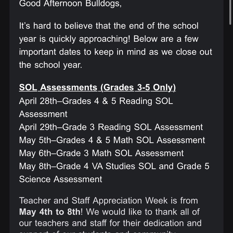 Here is today's robo call.  Please contact the office with questions (540) 825-0616