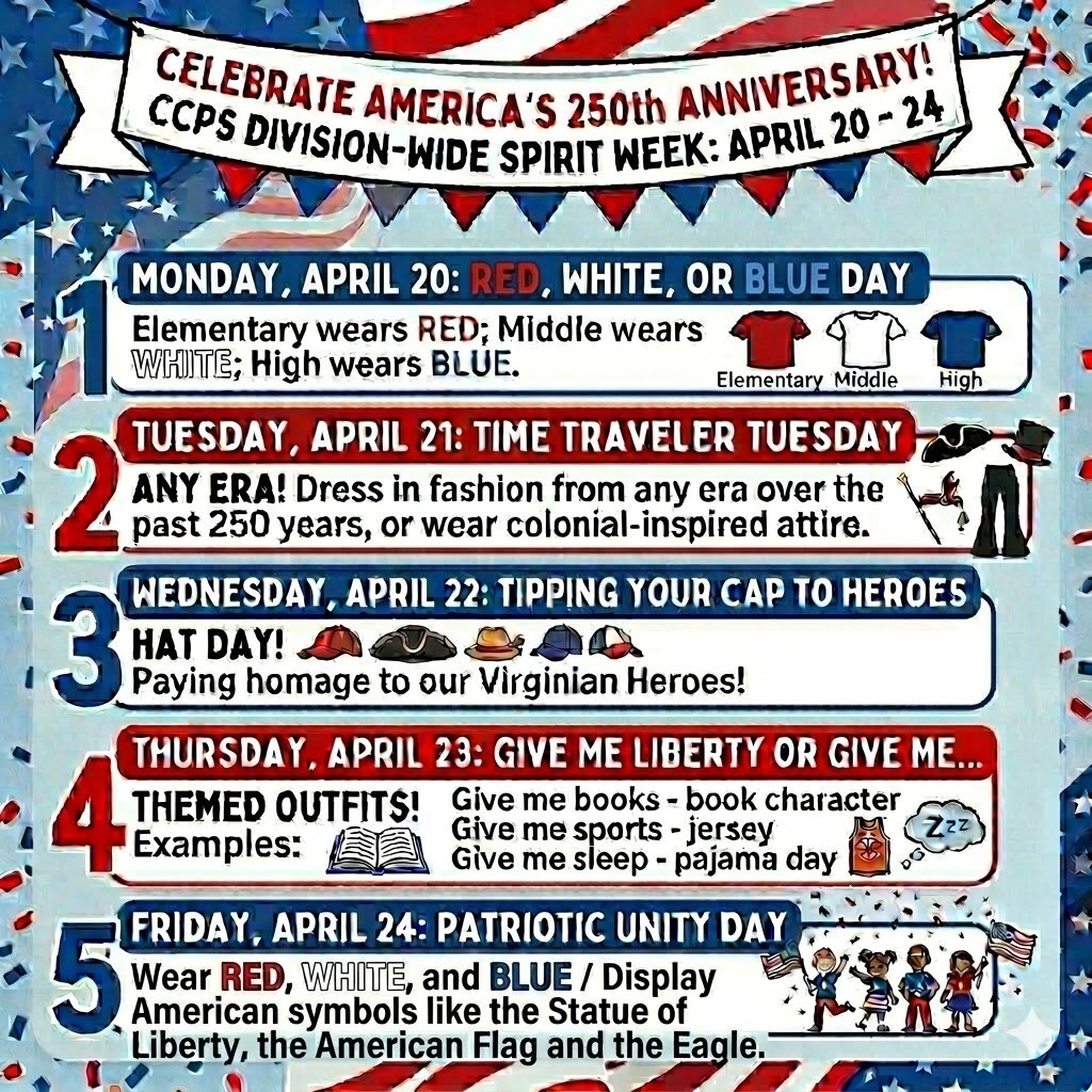 Division-wide spirit week flyer celebrating America’s 250th anniversary at CCPS, April 20–24. Each day has a theme: Monday—Red, White, or Blue Day (elementary red, middle white, high blue); Tuesday—Time Traveler Tuesday (dress from any era); Wednesday—Hat Day honoring heroes; Thursday—“Give Me Liberty or Give Me…” themed outfits (books, sports, or pajamas); Friday—Patriotic Unity Day with red, white, and blue and American symbols.
