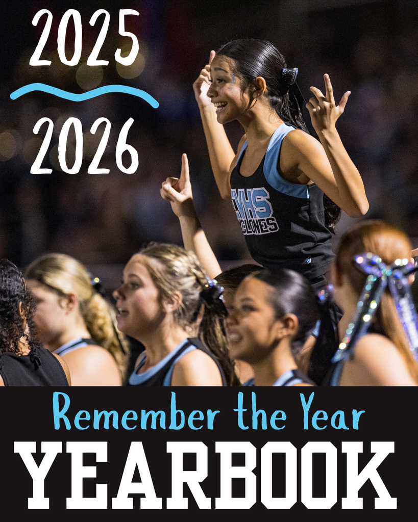 A square, vertically oriented photograph features four female cheerleaders in their school's colors, blue, black, and white. At the top left in a white brush script style are the dates "2025" above "2026" and a light blue wavy line is between them. On the bottom is a dark blue bar with light blue smaller text, "Remember the Year", and white large block text below it, "YEARBOOK". A central female student in a black cheer uniform with light blue and white striped trim around the neckline, with the text "CYHS" and "CYCLONES" across the chest area is on the shoulders of an unseen student and is looking towards the upper-left, smiling widely. She holds her left index finger up and both her right index and pinky up, as in "we are number one" and the rock and roll symbol, or is forming a "Y" for "Cyclones" with her two hands. Her hair is dark, pulled back in a high ponytail. Another woman with blonde braided hair in a ponytail with a white and blue patterned bow and a girl in a black uniform top are below her. Two other girls in uniforms, one to the bottom-right and one on the upper-right are also there. Their uniform tops feature the same black background with the "CYHS CYCLONES" logo. One of them is looking in the same direction, smiling, and another has her hair in a bow of the same kind. They appear to be in a high school football stadium with stadium lighting visible in the dark background. The other cheerleaders' uniforms feature light blue trim as well. The photo's background is mostly blurry but shows the stadium bleachers and field lights.