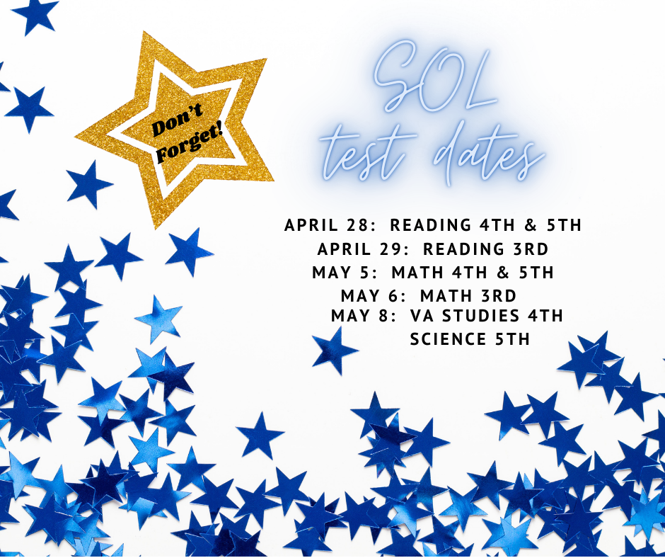 A decorative announcement with a white background and scattered blue star confetti along the bottom and left side. A gold glitter star in the top left corner reads “Don’t Forget!”. The heading in light blue cursive says “SOL test dates.” Below it, black text lists the testing schedule: — April 28: Reading 4th & 5th — April 29: Reading 3rd — May 5: Math 4th & 5th — May 6: Math 3rd — May 8: Virginia Studies 4th — Science 5th