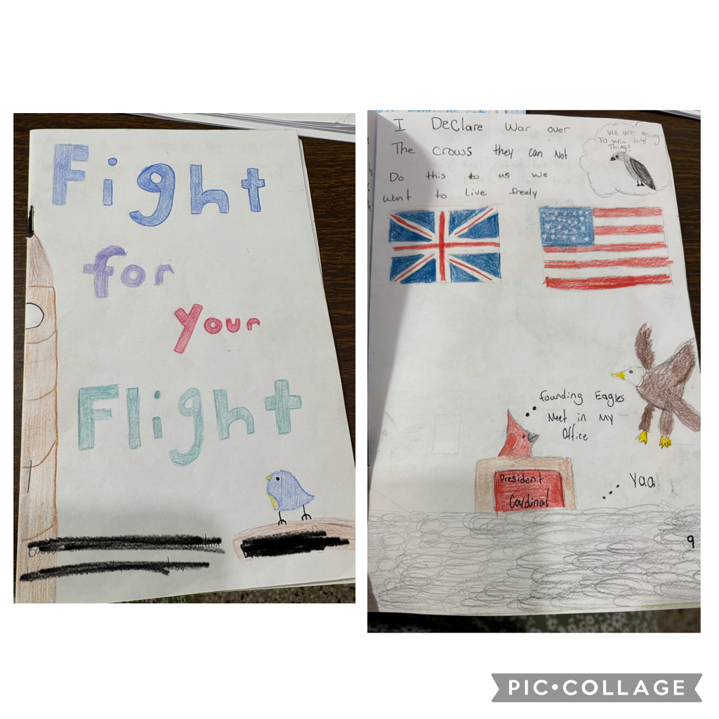 Children’s book titled “Fight for Your Flight,” with illustrations of birds and flags (British and American). Inside page shows birds organizing and declaring independence, symbolizing the American Revolution.