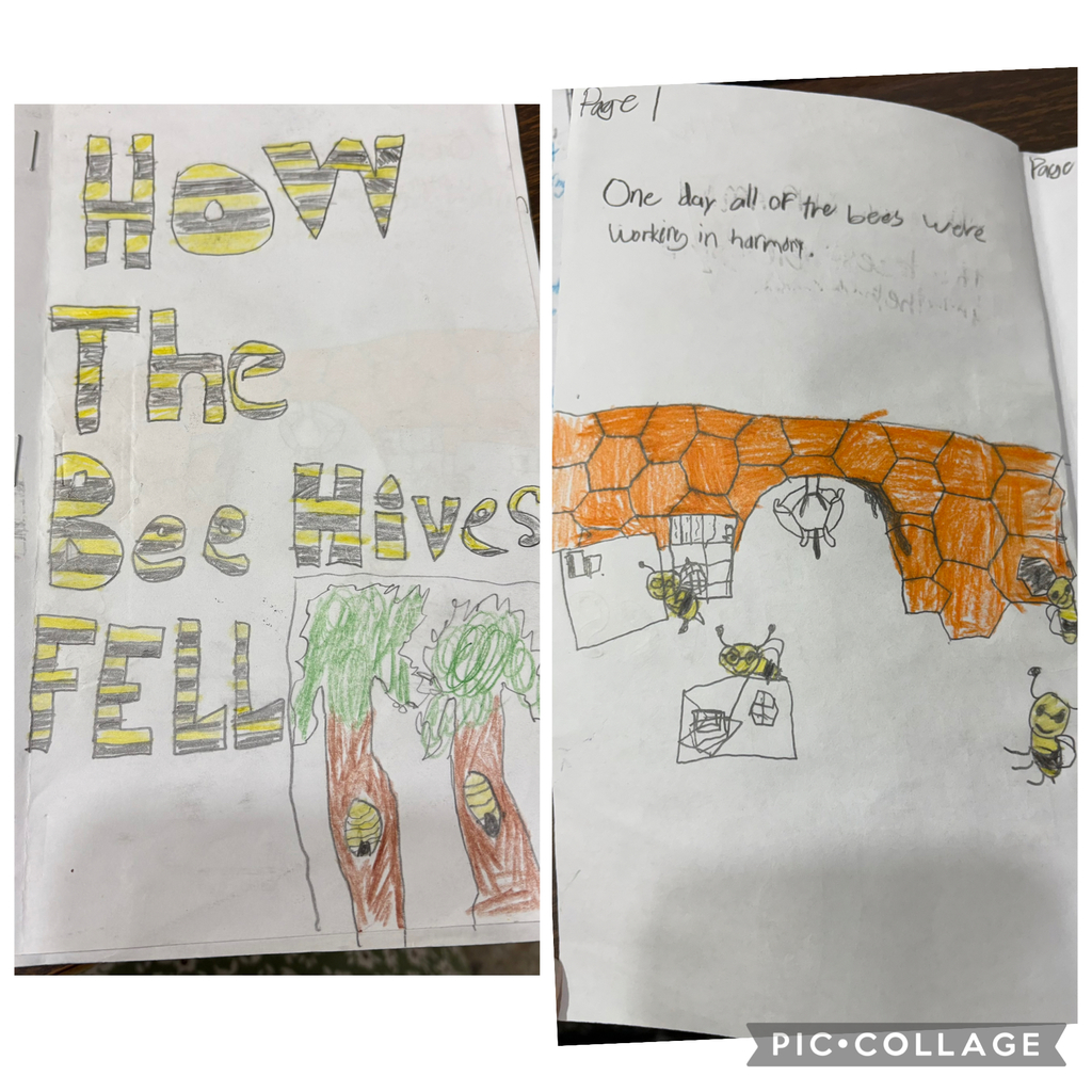 Children’s book titled “How the Bee Hives Fell,” featuring bees and a hive. Inside page shows bees working together in a hive, representing cooperation and societal structure.