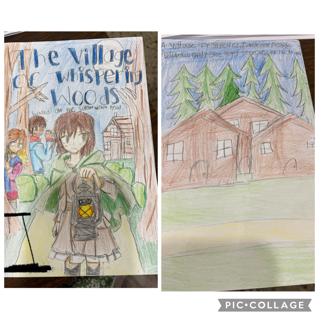 Illustrated book titled “The Village of Whispering Woods,” inspired by the Salem Witch Trials. Artwork shows a girl with a lantern in a forest village, with townspeople in the background suggesting suspicion and blame.