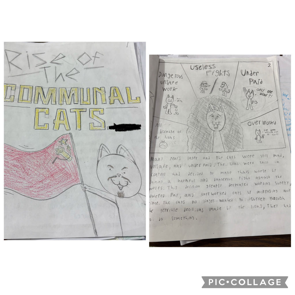 Student-drawn children’s book titled “Rise of the Communal Cats,” featuring a cartoon cat holding a red flag. Inside page shows a diagram of problems like unsafe work, low pay, and overwork, representing themes of communism.