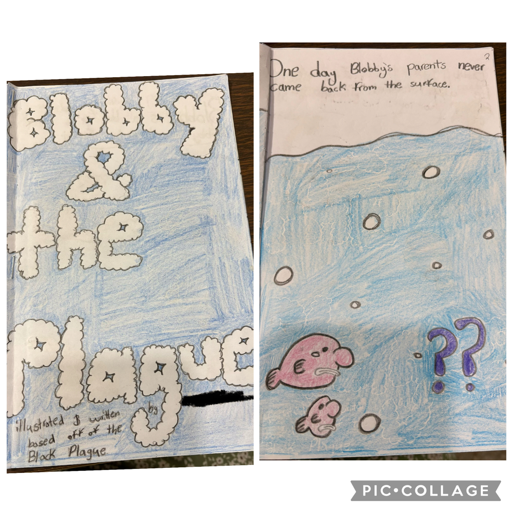 Book titled “Blobby & the Plague,” inspired by the Black Plague. Illustration shows simple cartoon characters underwater with a somber tone, suggesting illness and loss.