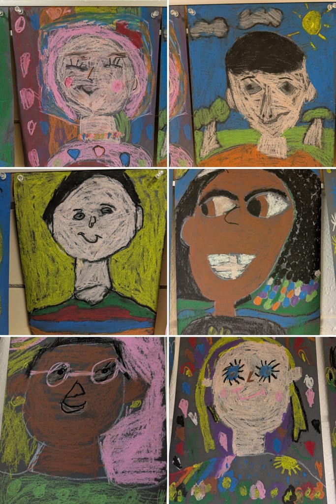A collage of six student-created self-portraits made with color pastels, displayed on a wall. Each portrait shows a child’s face and shoulders with bold outlines and vibrant colors. The artworks vary in style and expression: one features a pink background with hearts and a smiling face; another shows a child outdoors with a blue sky, sun, clouds, and trees; others include bright backgrounds in yellow, green, and dark tones. The portraits highlight unique facial features such as large eyes, glasses, different hairstyles, and expressive smiles, reflecting each student’s individuality and creativity.