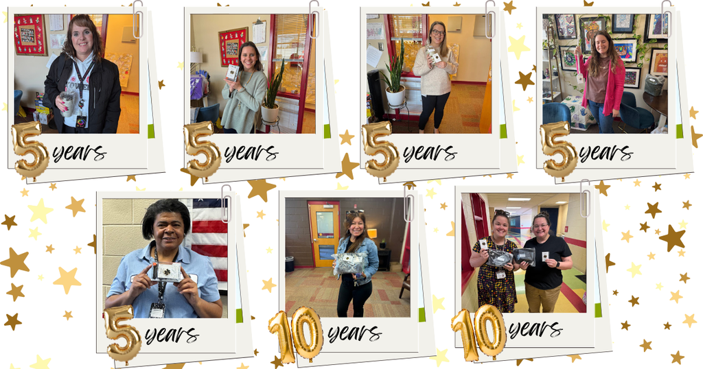 Collage of five images of people with gold stars and text labels. Years served: 5, 5, 5, 5, 10, 10.