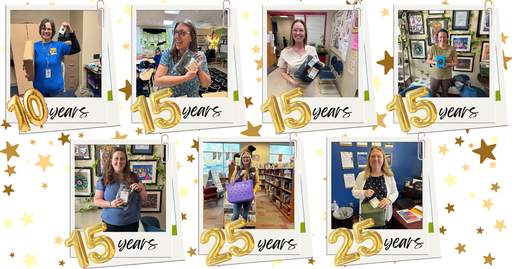 A celebratory collage featuring seven staff members, each shown in individual Polaroid‑style frames. Each person is holding a gift or recognition item while standing in indoor school settings such as classrooms, offices, or libraries. Gold and white stars decorate the background. The frames are labeled with their years of service: several read “10 years,” one reads “15 years,” and one reads “25 years.” The overall design highlights staff members being honored for their long‑term dedication and service.