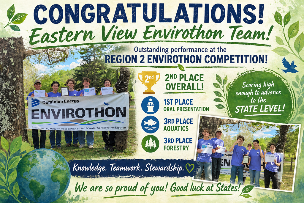 A collage with people holding a banner with "Envirothon" and celebrating achievements. Scores include 2nd place overall, 1st place oral, 3rd place aquatics, and 3rd place forestry.