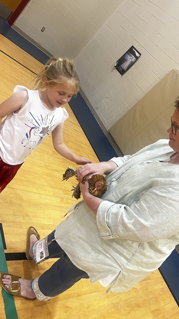 A student smiles while reaching toward a chicken being held securely by an adult. The interaction takes place in a gymnasium setting.