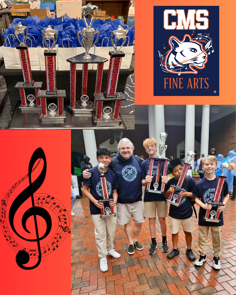 A collage celebrating choir achievements: the top left shows several red-and-silver trophies displayed on a table in front of gift bags; the top right features a “CMS Fine Arts” logo with a cougar and musical notes; the bottom right shows a group of smiling middle school students and an adult standing outdoors holding their trophies; and the bottom left includes a large black treble clef with musical notes on a red background.