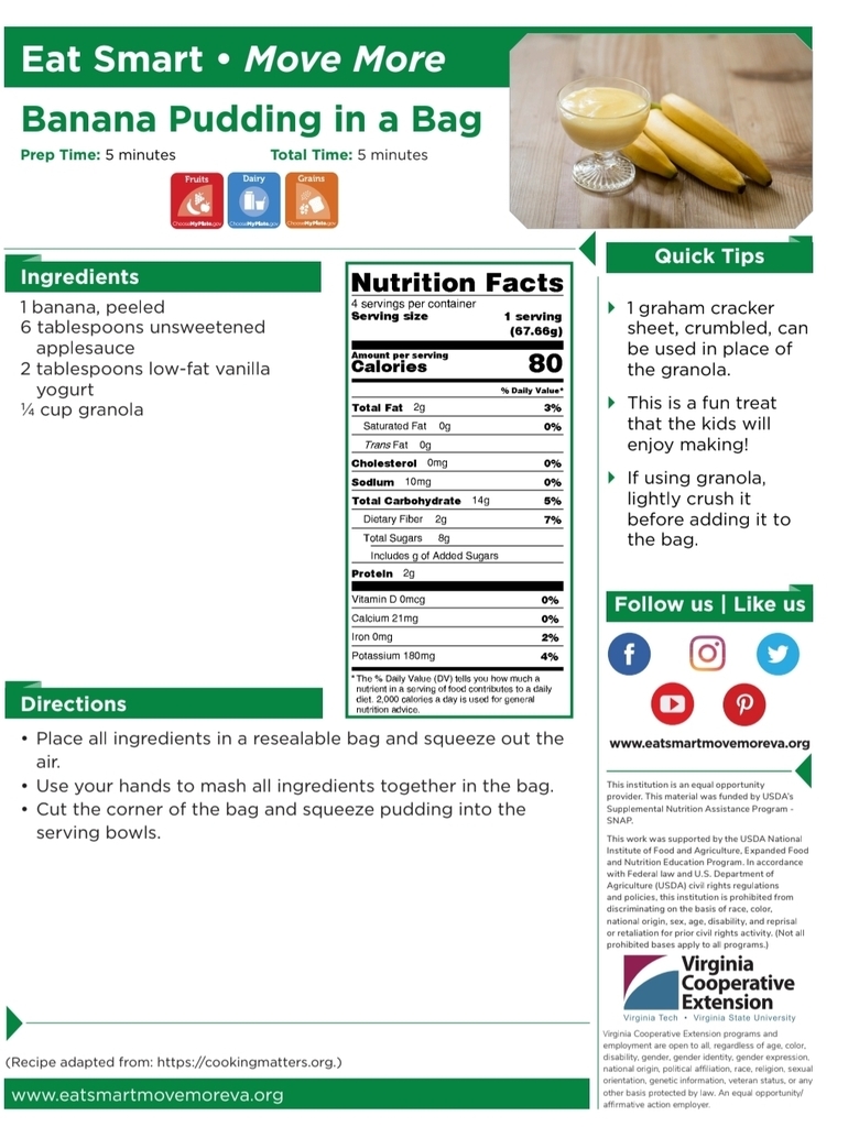 Banana Pudding in a Bag (Recipe Flyer) Alt text: “Flyer titled ‘Eat Smart • Move More: Banana Pudding in a Bag.’ Includes a 5-minute recipe using banana, applesauce, yogurt, and granola. Directions show mixing ingredients in a resealable bag and squeezing into bowls. Nutrition facts and tips are displayed, along with an image of bananas and pudding.”