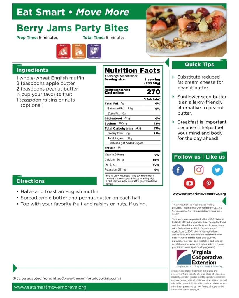 Berry Jams Party Bites (Recipe Flyer) Alt text: “Flyer titled ‘Eat Smart • Move More: Berry Jams Party Bites.’ A quick recipe using an English muffin, apple butter, peanut butter, and fruit. Directions show toasting and topping the muffin. Includes nutrition facts, tips for substitutions, and an image of fruit-topped muffin halves.”