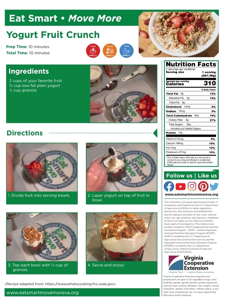 Yogurt Fruit Crunch (Recipe Flyer) Alt text: “Flyer titled ‘Eat Smart • Move More: Yogurt Fruit Crunch.’ A 10-minute recipe with fruit, yogurt, and granola. Step-by-step images show layering fruit, yogurt, and granola in a bowl. Includes nutrition facts and a photo of the finished parfait.”
