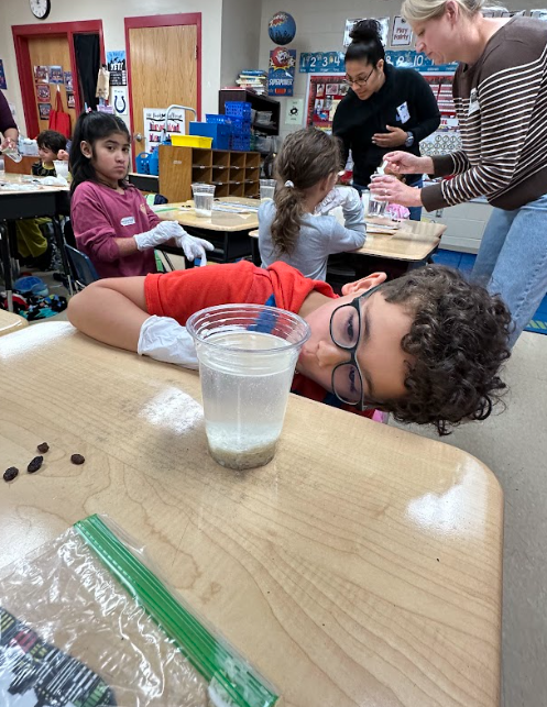 tudent with glasses leans sideways at a desk to closely observe a clear cup with a cloudy liquid while other children and teachers work in the background.