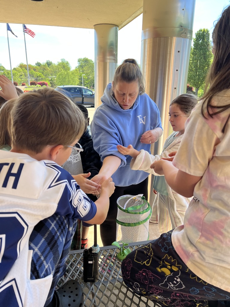 An adult shows something on their arm to a group of children gathered around a table outside, with a butterfly habitat container nearby.