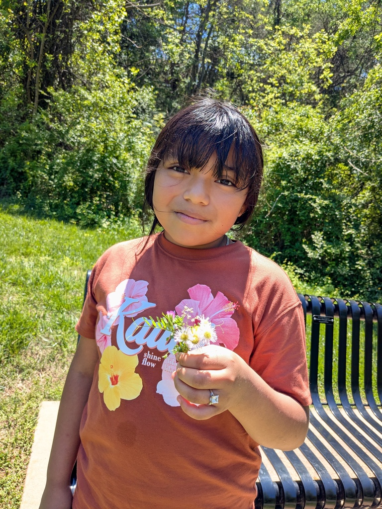 A student holds a small bouquet of wildflowers while standing near a bench in a sunny outdoor setting.