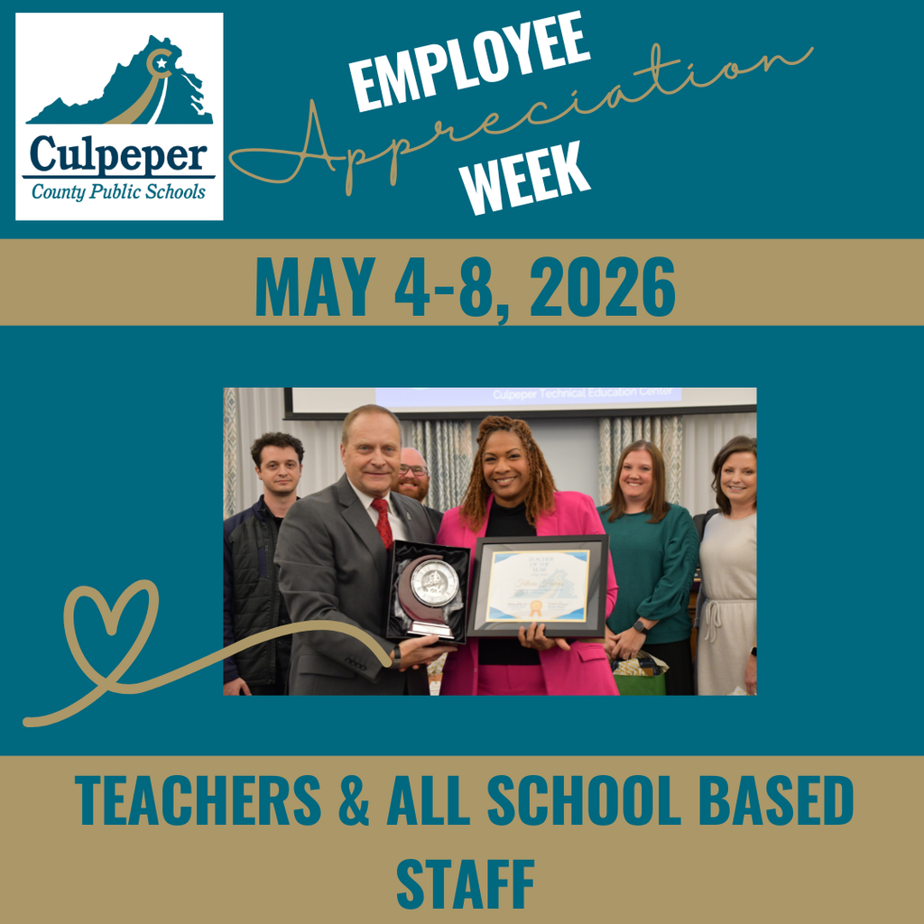 teal and gold graphic with "Employee Appreciation Week" text. It includes a photo of a man and woman holding awards.
