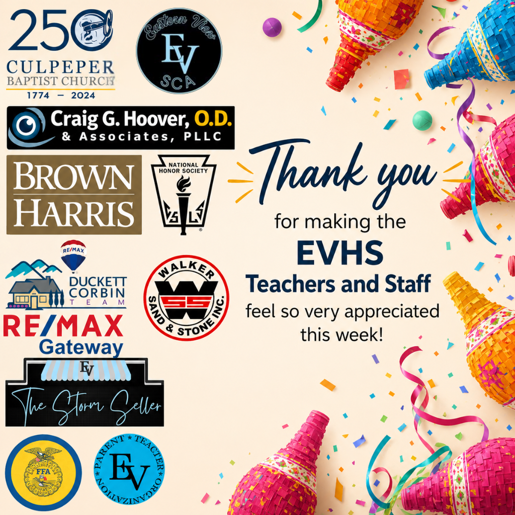 Advertisement with confetti, maracas, and logos. Text: "Thank you for making the EVHS Teachers and Staff feel so very appreciated this week!"