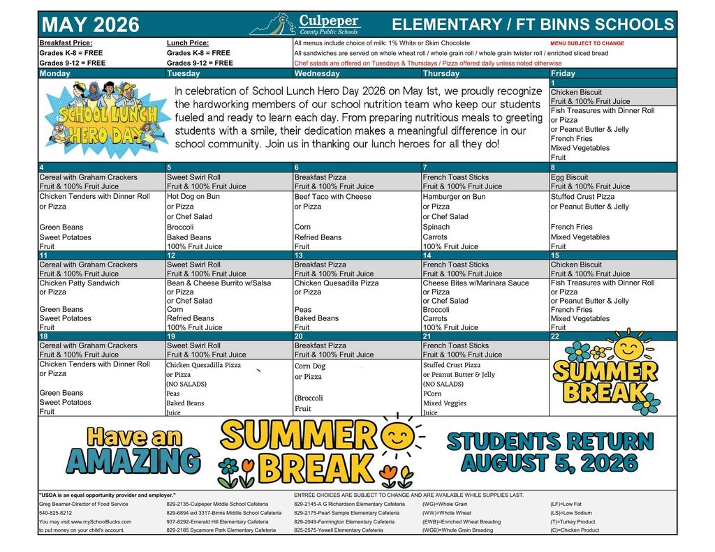 Please make note of the updated breakfast/lunch menu;  May 19-May 21 now updated