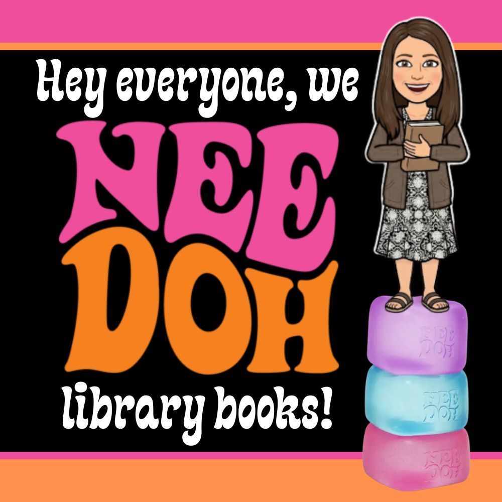 A woman stands on a stack of colorful blocks, holding a book. Bright text reads "HEY EVERYONE, WE NEE DOH library books!" against a black background.