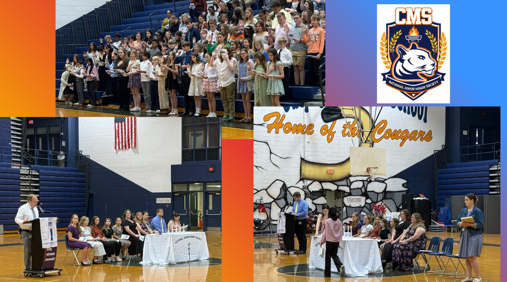A collage of photos from a school National Junior Honor Society induction ceremony held in a gymnasium.  Top image: A large group of middle school students stands on blue bleachers, dressed in semi-formal attire, holding papers and participating in the ceremony.  Top right: A graphic featuring the CMS National Junior Honor Society logo, showing a cougar mascot and torch emblem.  Bottom left: A speaker stands at a podium addressing the audience, while seated students and staff members are arranged beside a table with candles and ceremony materials. An American flag hangs on the wall behind them.  Bottom right: A student walks across the gym floor toward a table where staff members are seated, likely receiving recognition. A mural reading “Home of the Cougars” is visible on the wall behind them.