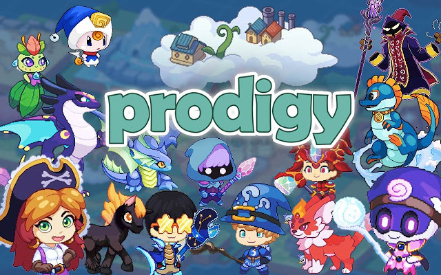 Game characters with diverse appearances, including dragons and wizards, are displayed in an animated style. "prodigy" is prominently displayed in green text.