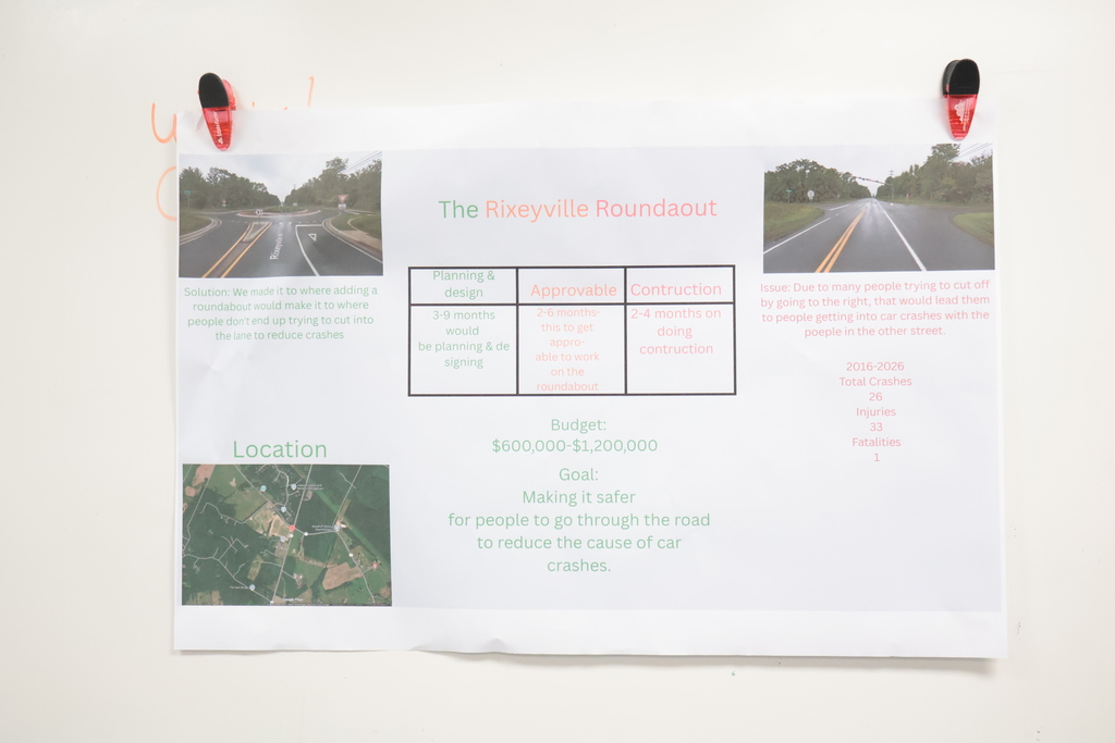 A white paper on a wall displays a road with two images and text. It includes headings, images of roads, and a map.