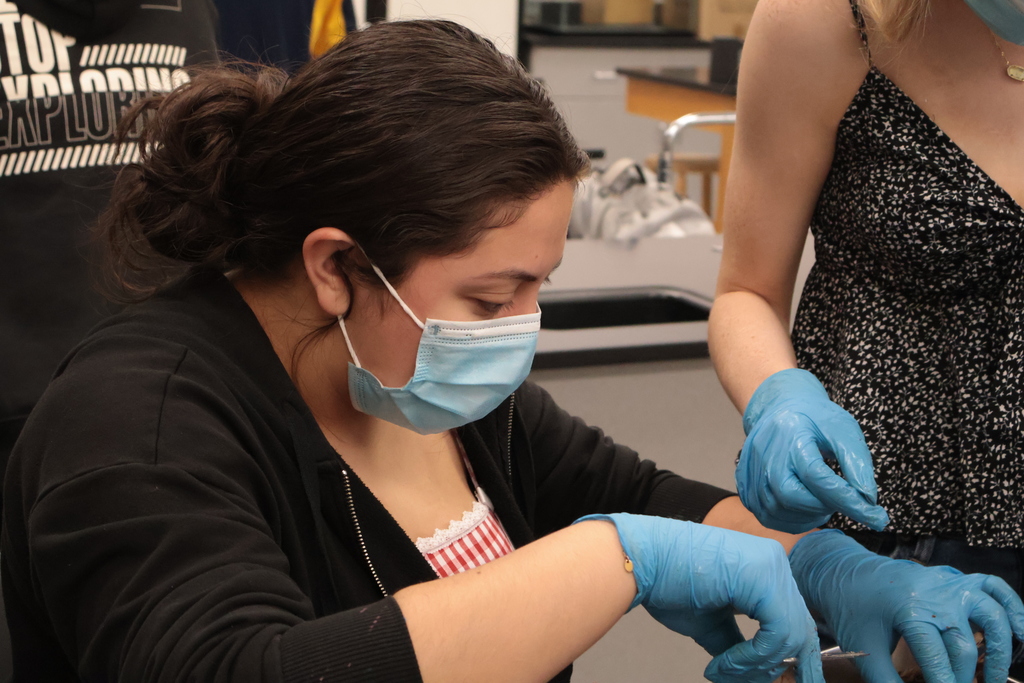 Two people in a lab, one wearing a mask and gloves, the other with blue gloves, examining an object.