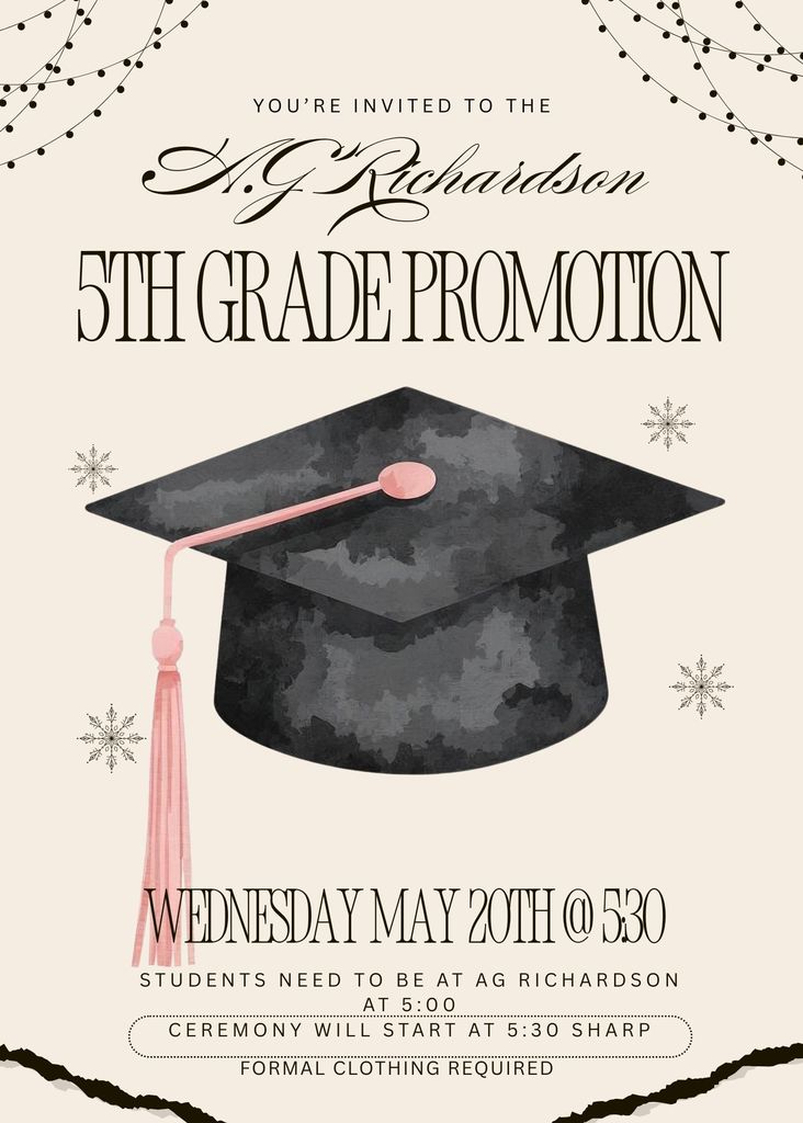 Invitation for a 5th-grade promotion ceremony. Features a mortarboard, tassel, and event details. Background includes decorative snowflakes.