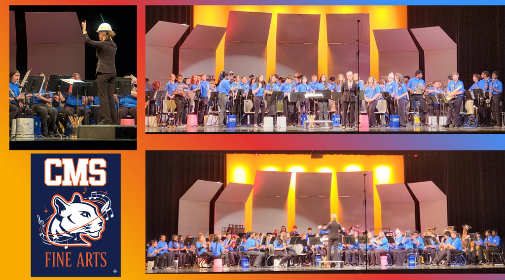 Collage of CMS Fine Arts band concert performances on stage. Images show student musicians in blue shirts performing under bright stage lights while conductors lead the ensembles. The collage includes close-up and wide shots of the band, along with a CMS Fine Arts logo featuring a cougar mascot.