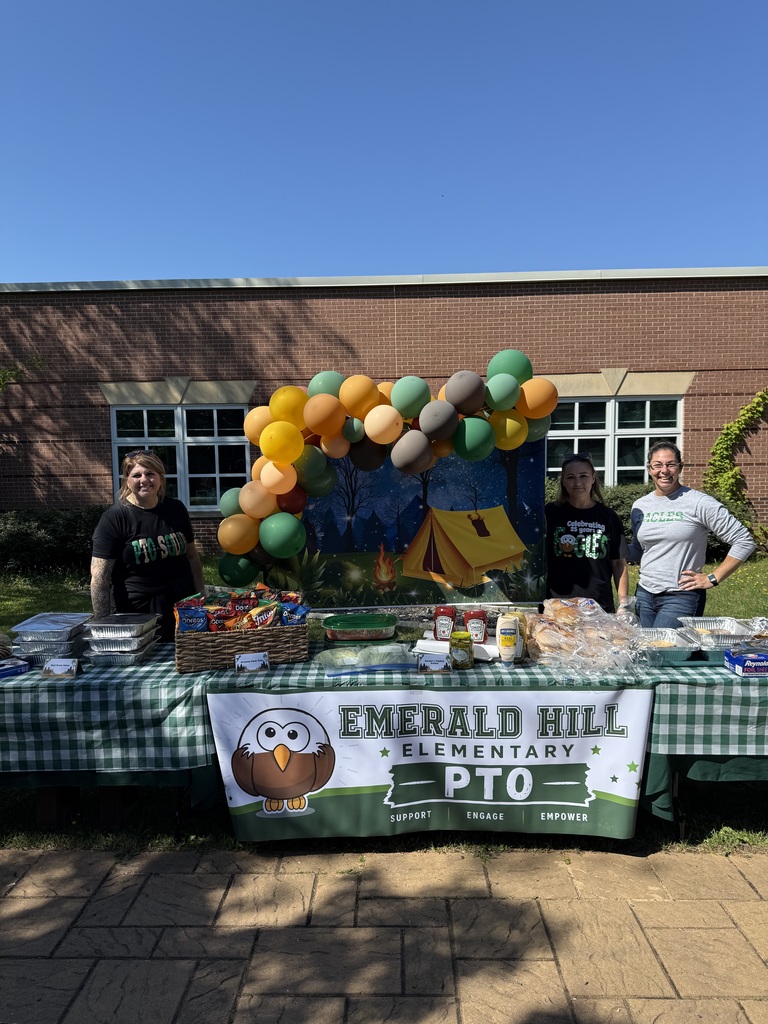 Three people stand behind a table with a sign reading "Emerald Hill Elementary PTO" in front of a building.