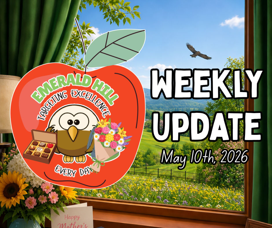 A window view with a field, flowers, and a bird. A red apple logo with an owl, flowers, and text "Emerald Hill Targeting Excellence Every Day."