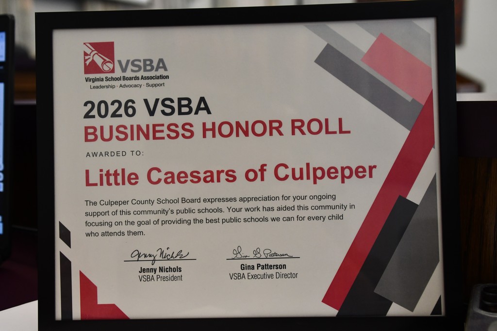 A framed certificate titled "2026 VSBA BUSINESS HONOR ROLL" is awarded to Little Caesars of Culpeper.