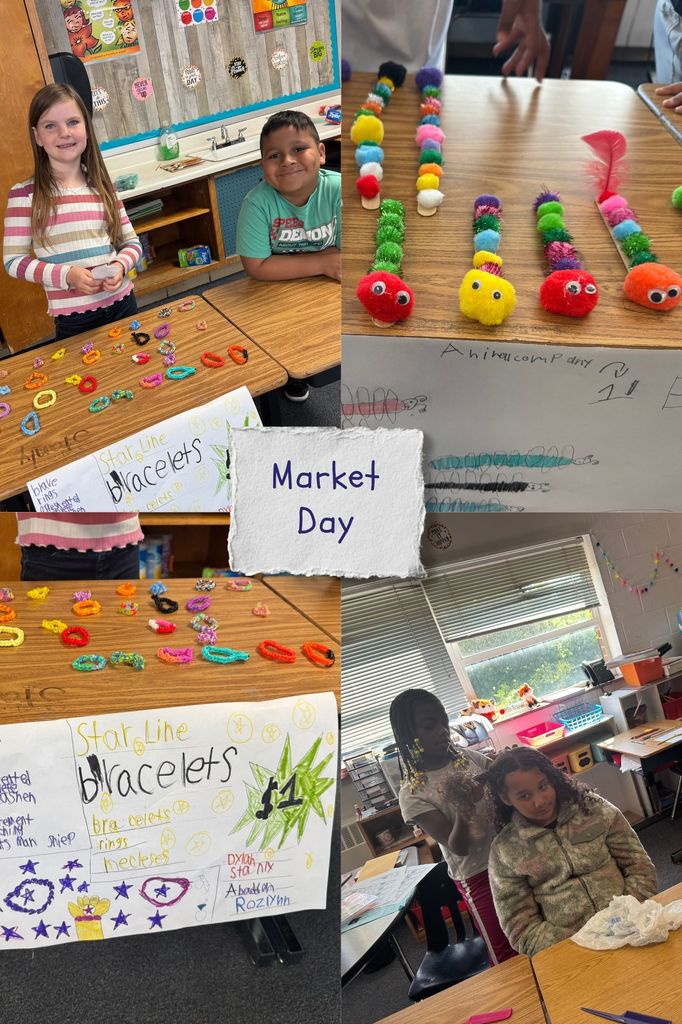 Four photos in a collage: children at a table making bracelets, a market stall with bracelets, children looking at bracelets, and a girl sitting at a table.