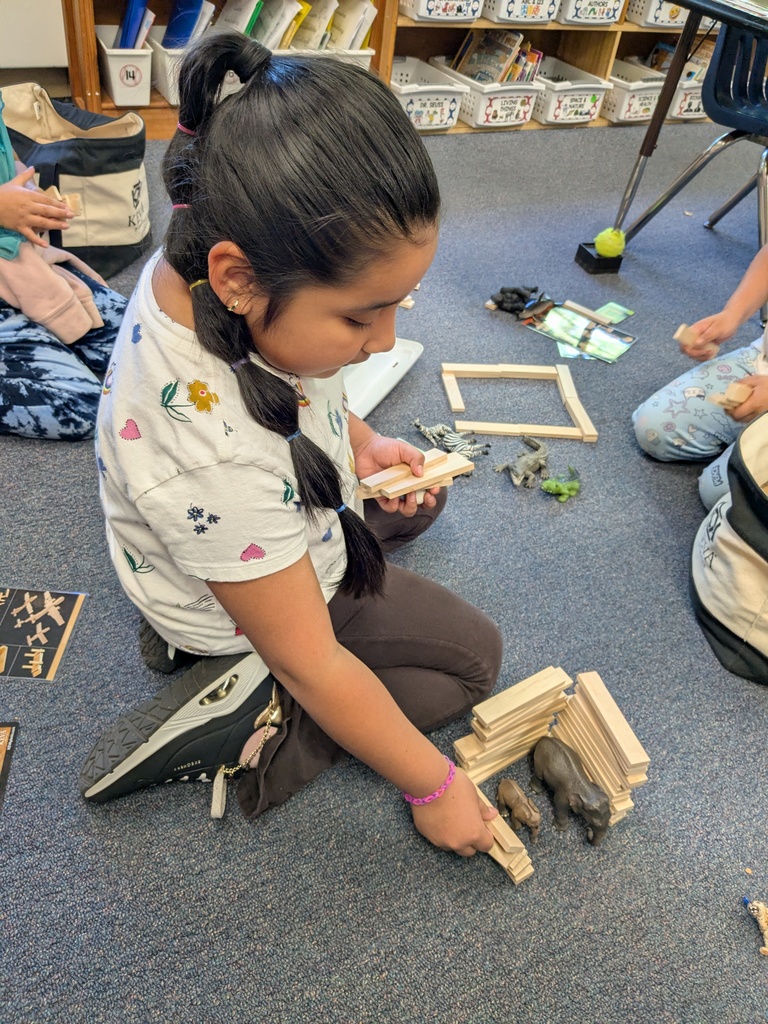 A girl with dark hair works with wooden blocks and small toys on a classroom floor.
