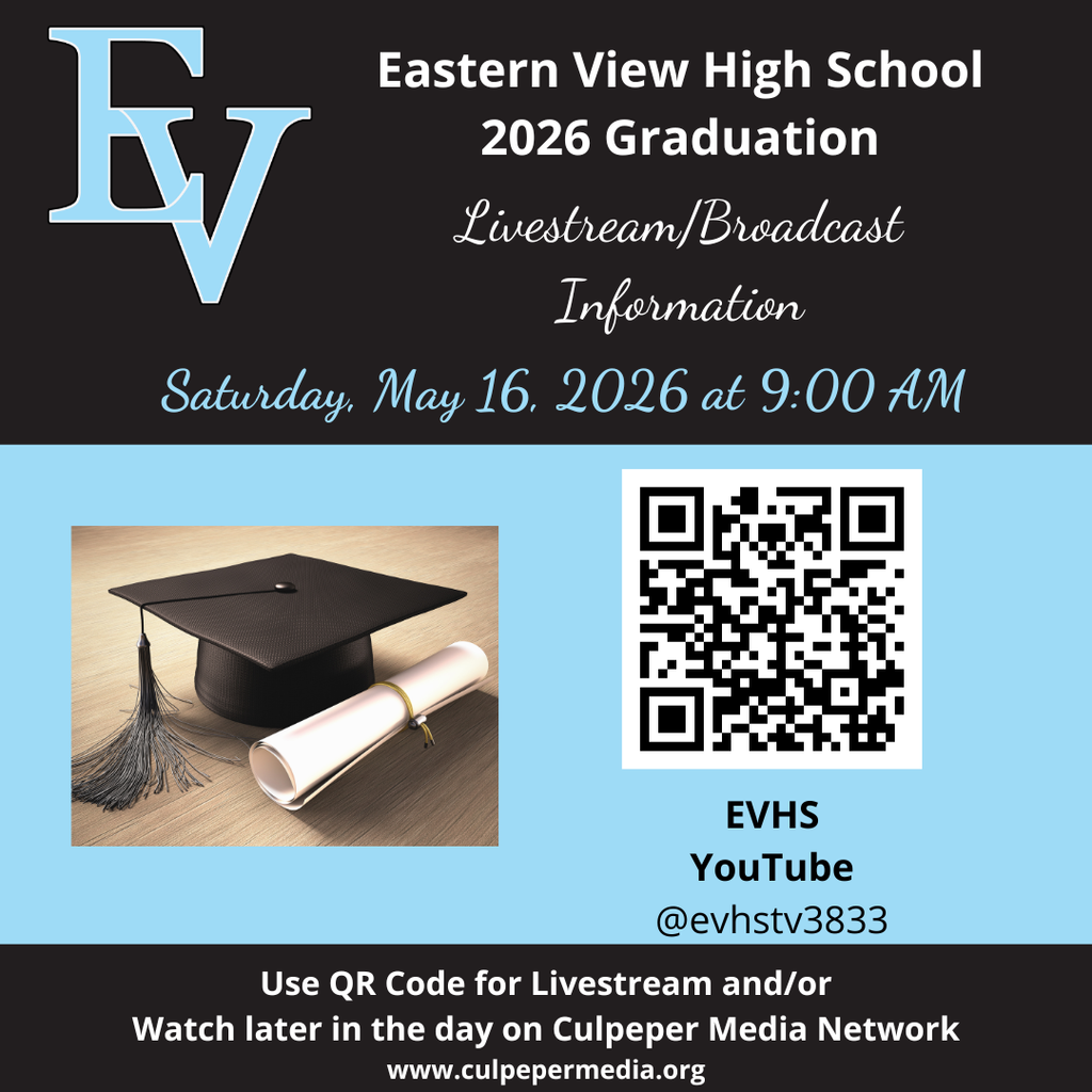 Graduation cap, tassel, diploma, QR code, and Eastern View High School 2026 Graduation Livestream/Broadcast Information.