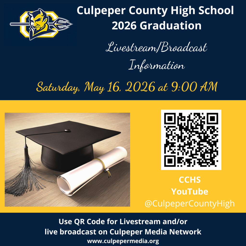 Graduation cap, tassel, diploma roll, and QR code with text: "Culpeper County High School 2026 Graduation".