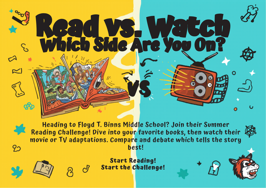 Graphic featuring a split page: left, an open book with colorful characters; right, a robot with a screen showing a movie. Text reads, "Read vs. Watch: Which Side Are You On?"