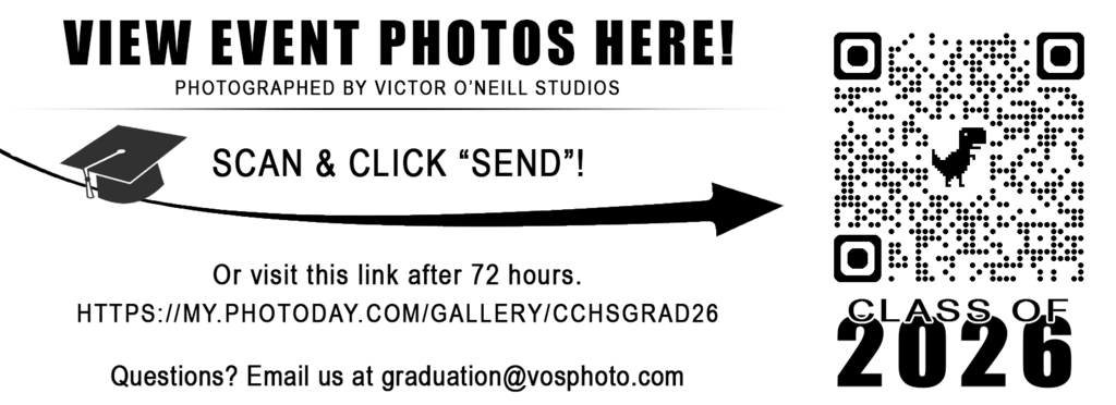 A poster advertises viewing event photos with a QR code, graduation cap icon, and a link to view photos.