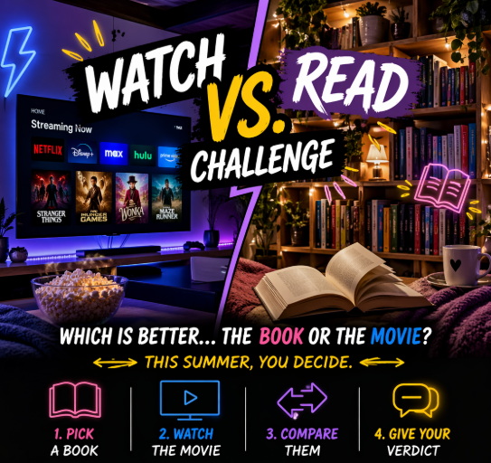 An advertisement for a reading and viewing challenge with a book and a television screen.