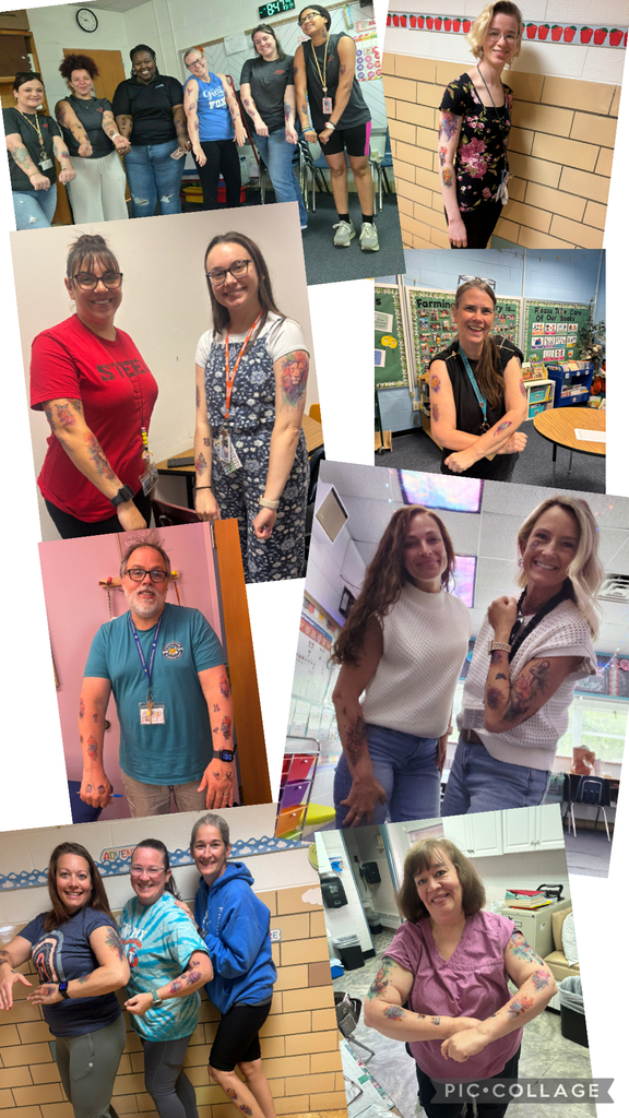 Collage of nine photos of people in different settings, all with tattoos on their arms.