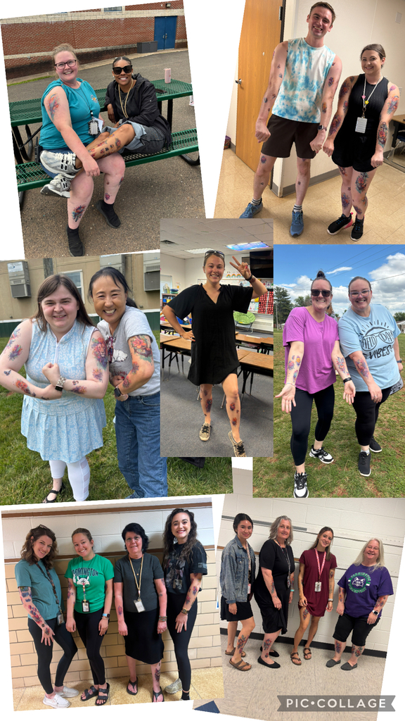 A collage of photos shows people with tattoos on their legs, arms, and other parts. Some wear IDs, stand or sit, and smile.