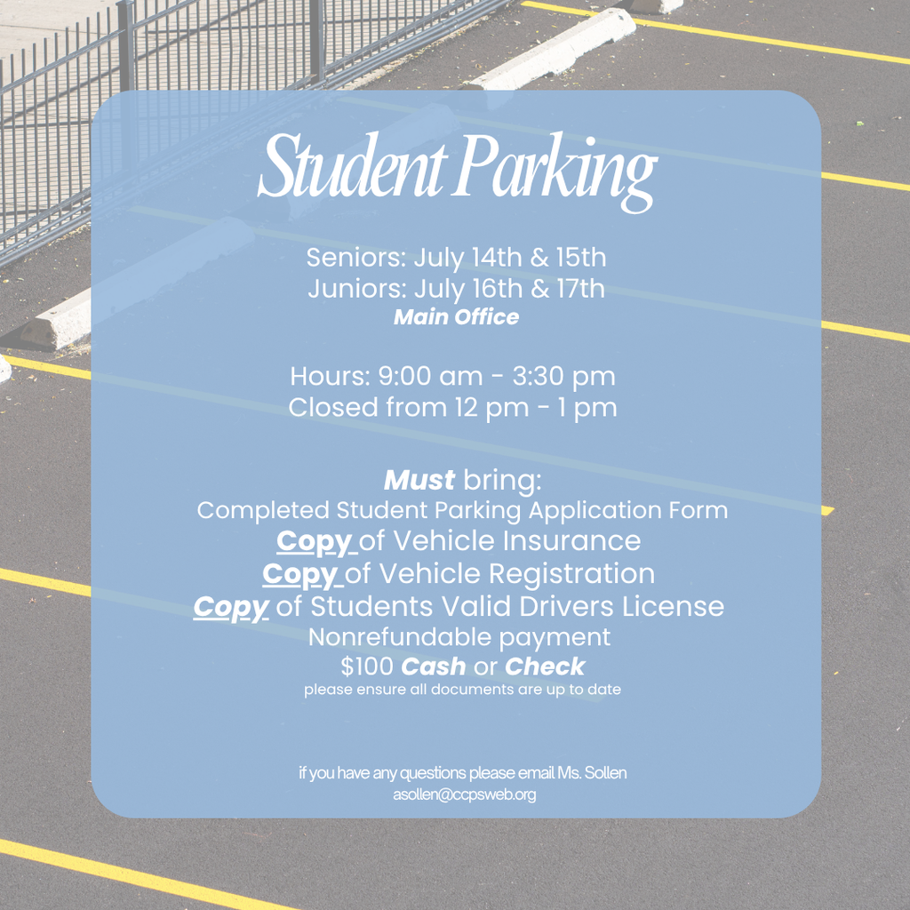 A blue sign on a road with yellow parking lines reads "Student Parking" and lists required documents and fees for parking.
