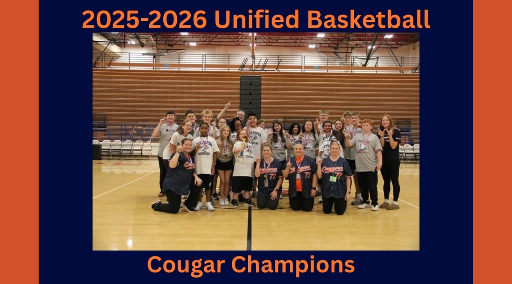A group photo of the 2025–2026 CMS Unified Basketball team posing together on the gym court after a successful season. Students and staff proudly wear medals and smile for the camera beneath the words “2025–2026 Unified Basketball” and “Cougar Champions,” celebrating teamwork, sportsmanship, inclusion, and achievement.