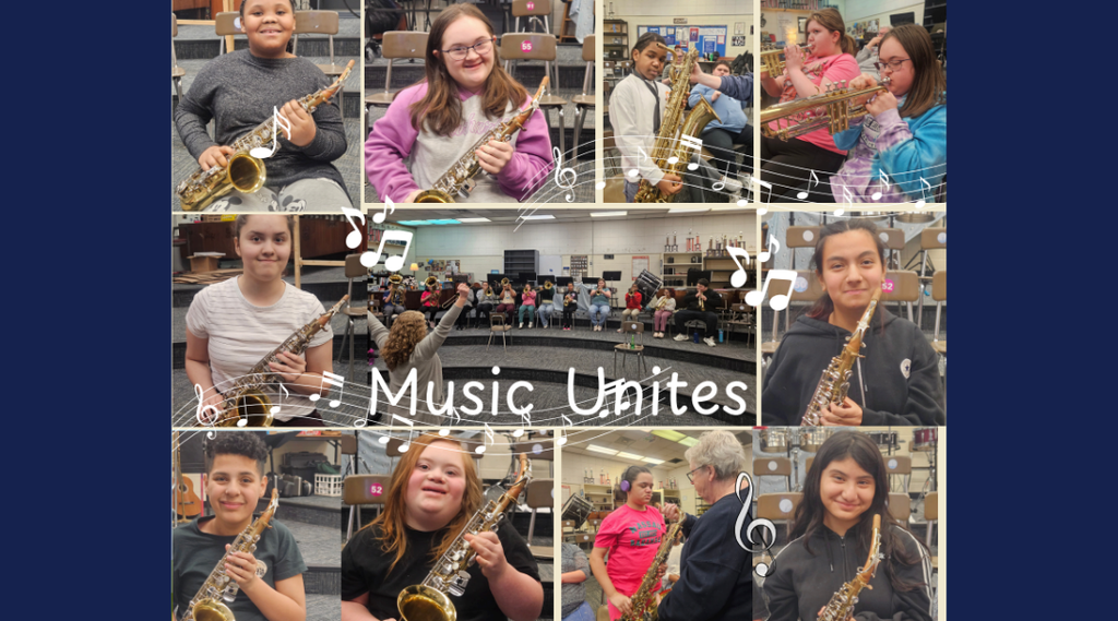 A colorful collage featuring CMS Unified students participating in music class and proudly holding saxophones. Students smile while practicing instruments, performing together, and learning alongside peers in the band room. In the center, a teacher directs the group during rehearsal. White musical notes and the phrase “Music Unites” emphasize inclusion, collaboration, and the joy of making music together.