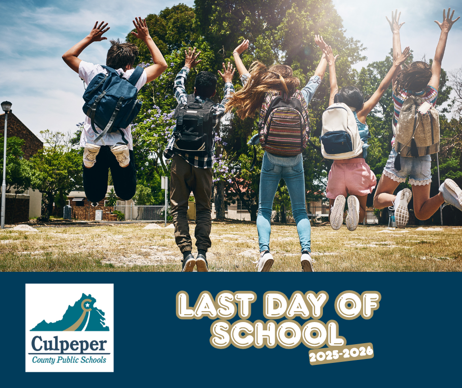 Five students jump with hands raised, wearing backpacks. A grassy area with trees and a building in the background. Text reads "LAST DAY OF SCHOOL 2022-2023".