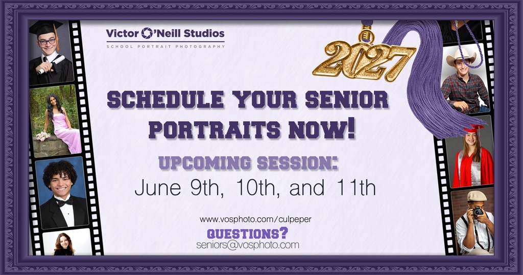 An invitation to schedule senior portraits for June 9th, 10th, and 11th. It features a collage of photos with the text "SCHEDULE YOUR SENIOR PORTRAITS NOW!"