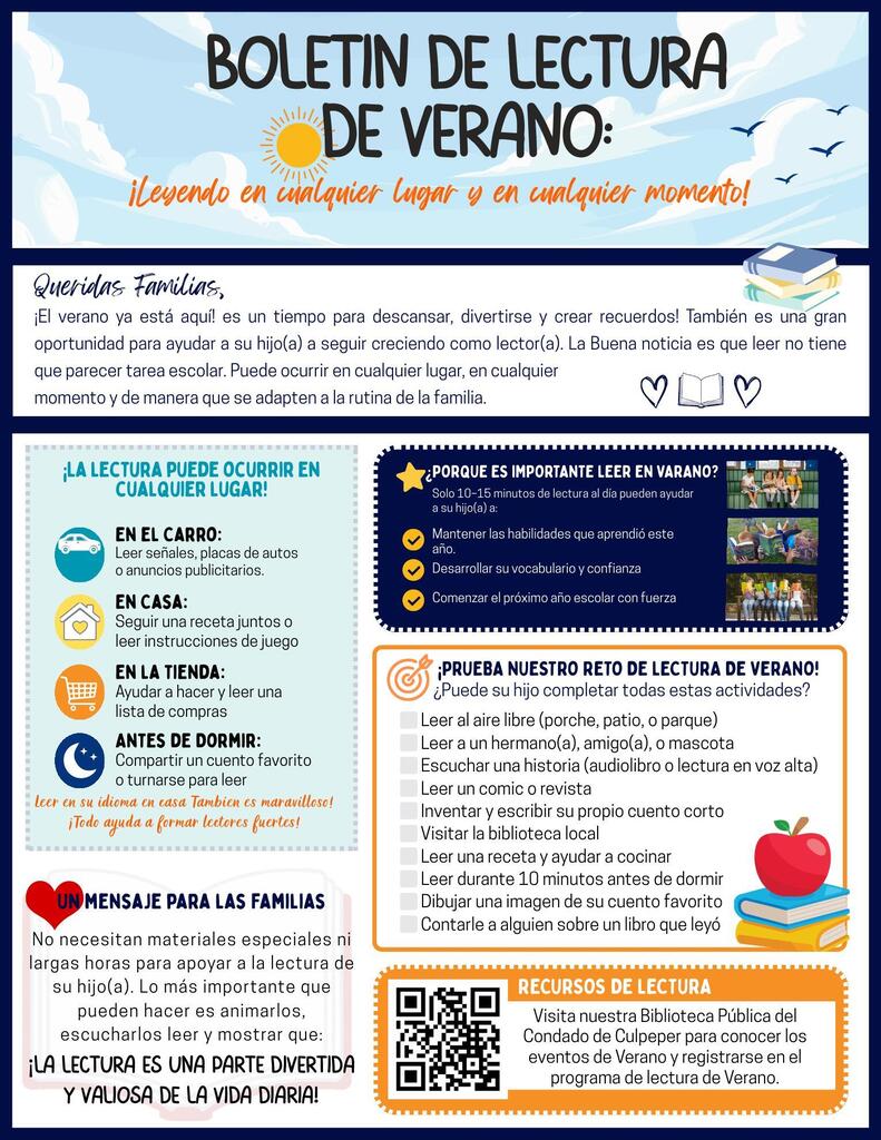 An informational poster with a summer reading bulletin, providing tips on where to read and its benefits, along with a QR code for more resources.